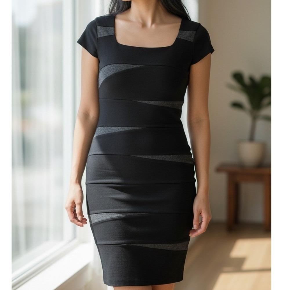 Intermission Women Black Grey Colorblock‎ Sheath Dress Square Neck Cap Sleeve 8